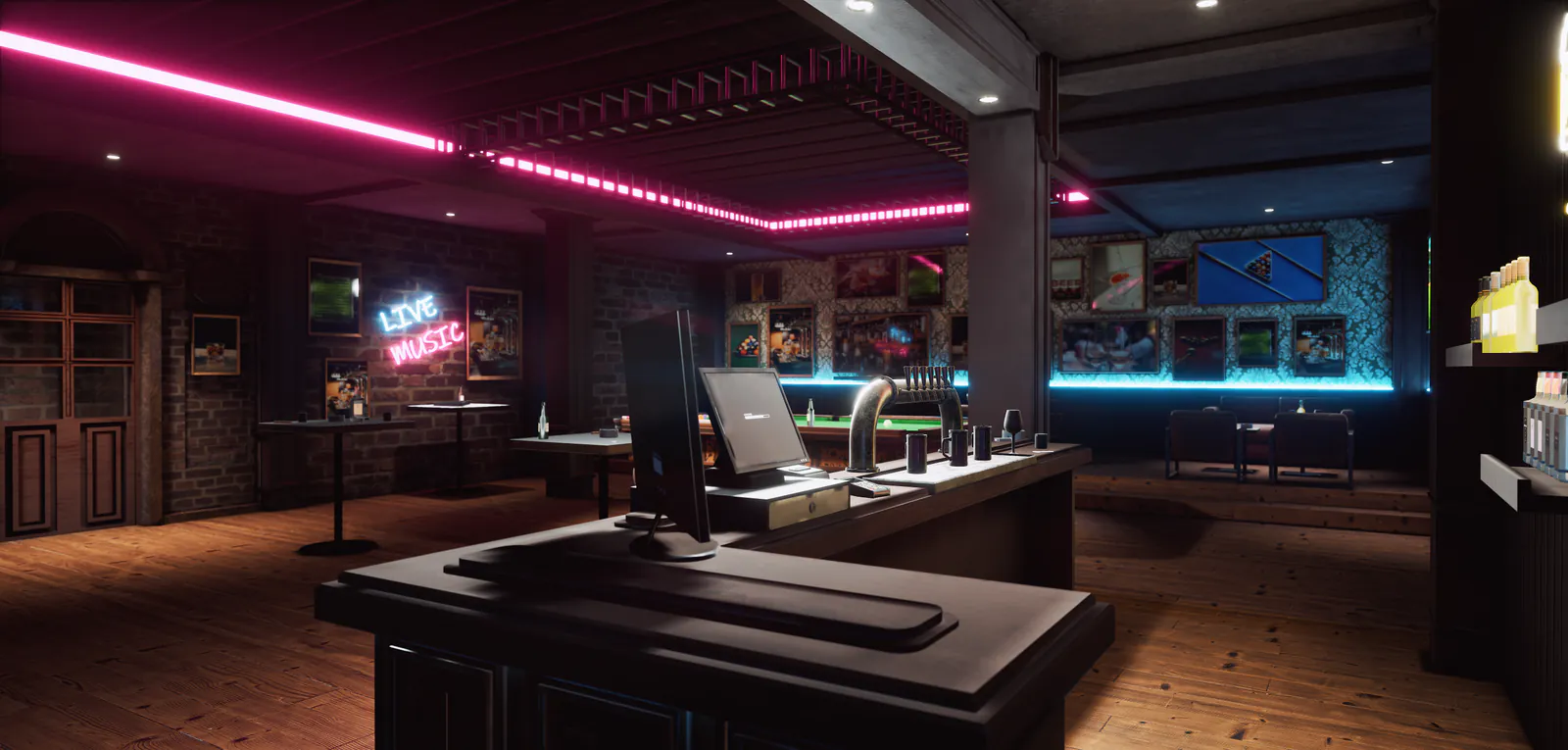 Brawler's Bar interior with neon lighting, a bar counter, pool table, and lounge seating