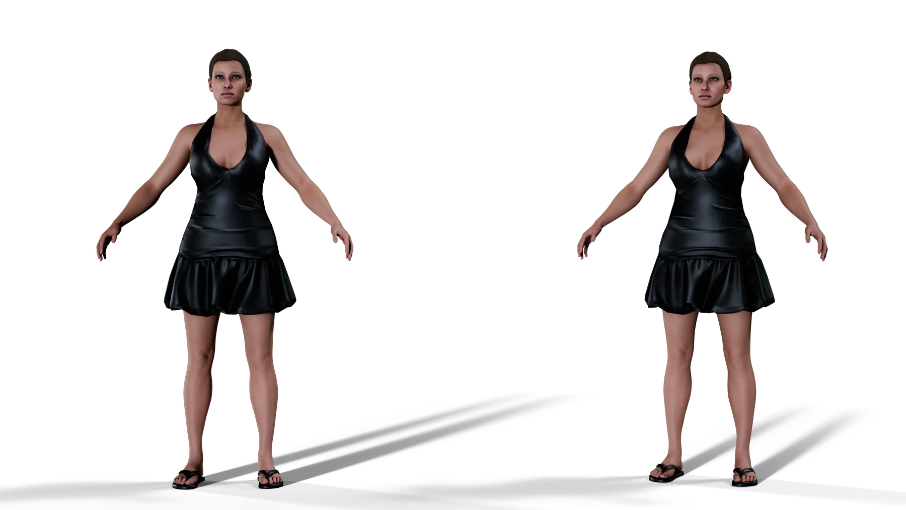 Front and angled views of Crystal in a black dress