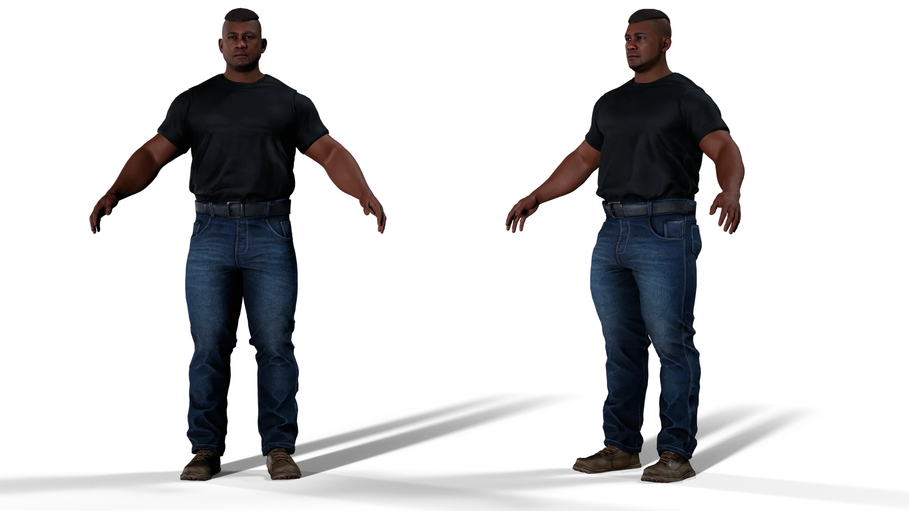 Marcus, nightclub security, shown from the front and at an angle in a black T-shirt and jeans