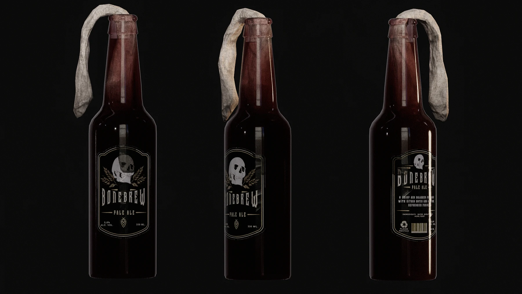 Three views of the Bonebrew bottle Molotov with a cloth wick