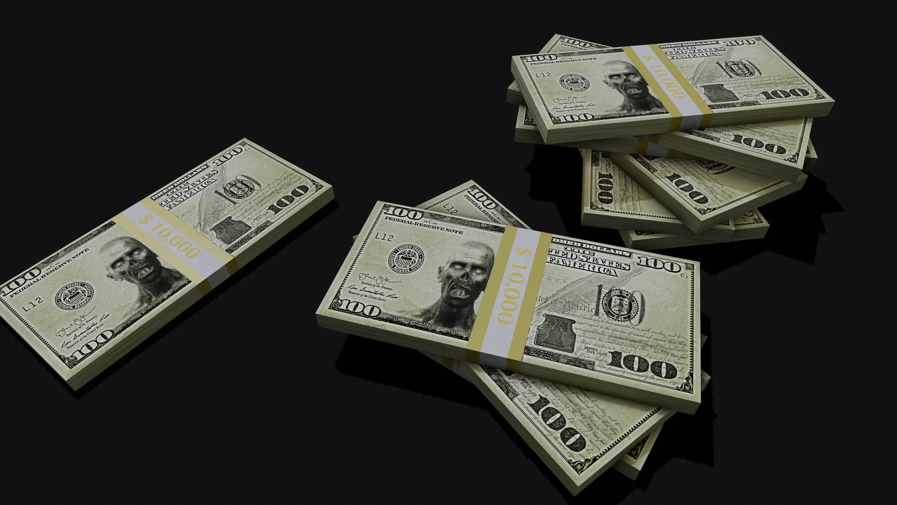 Bundles of Beyond Sandbox banknotes held together with gold bands