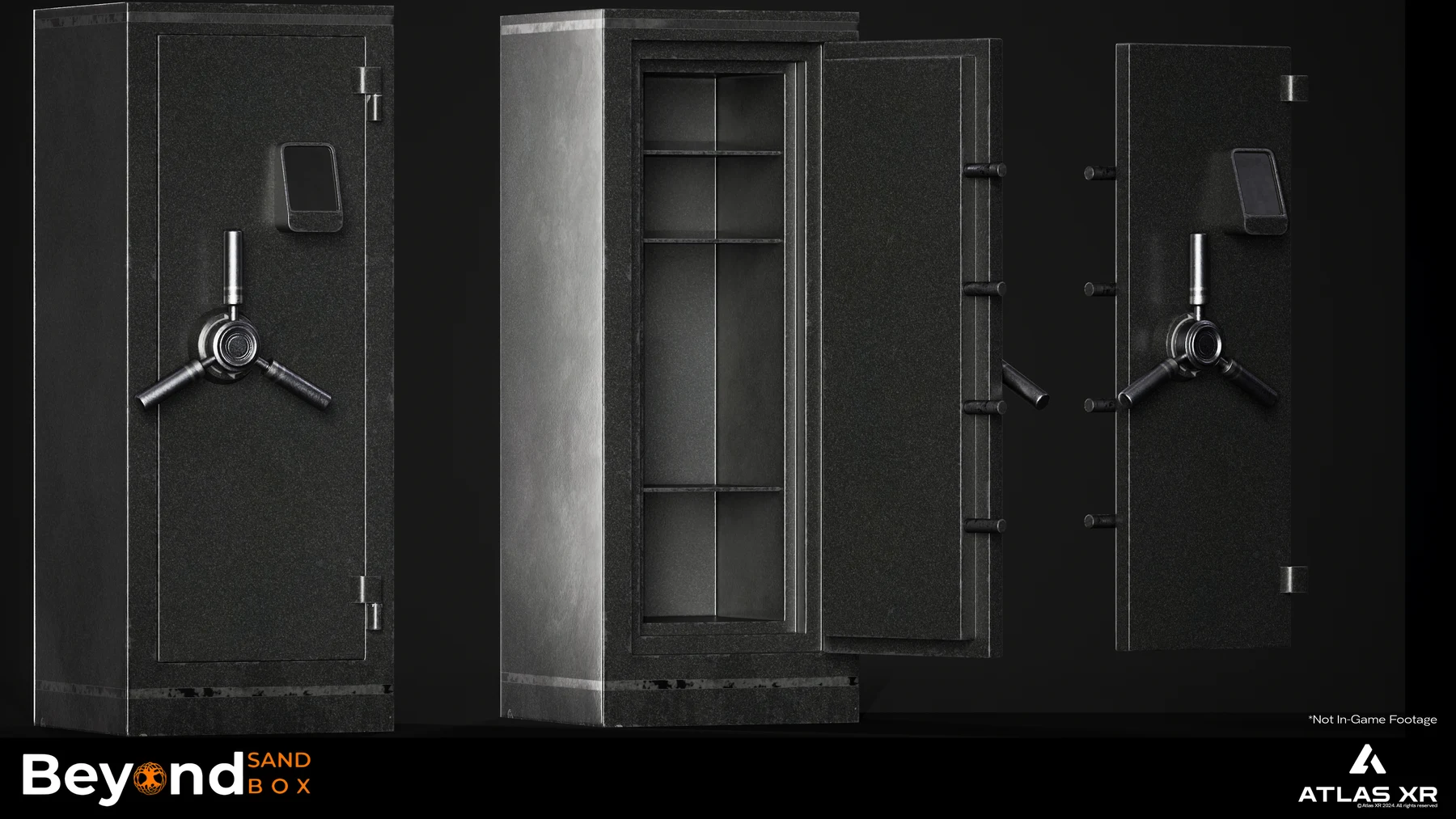 Code-locked safe shown closed, open, and with its door detached