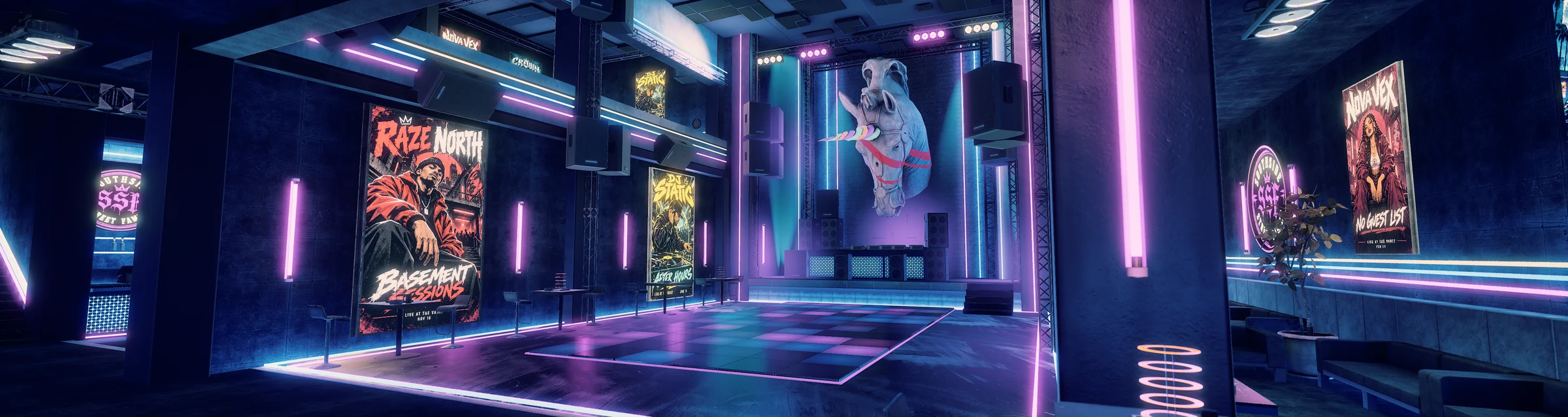 Neon-lit nightclub with a dance floor, stage, lounge seating, and wall displays